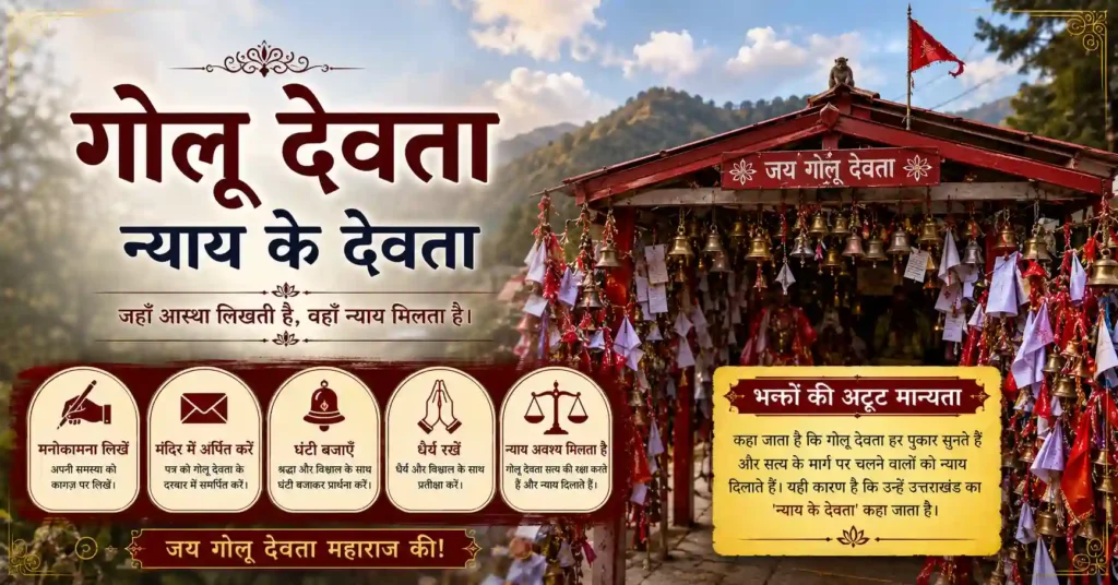 Hindi infographic explaining Golu Devta, the revered folk god of justice in Uttarakhand, his temple traditions, and the faith of devotees.