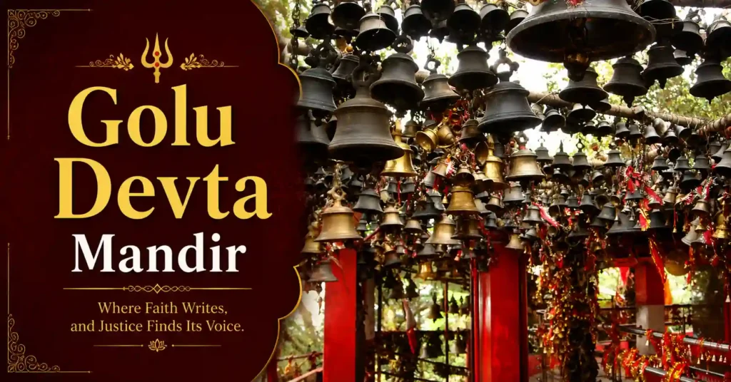 Hundreds of bells hanging inside Golu Devta Mandir, symbolizing the faith and prayers of devotees seeking justice.