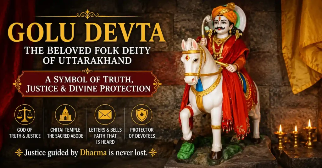 Sacred idol of Golu Devta at a temple in Uttarakhand, depicted on a white horse as the revered God of Justice and protector of devotees.