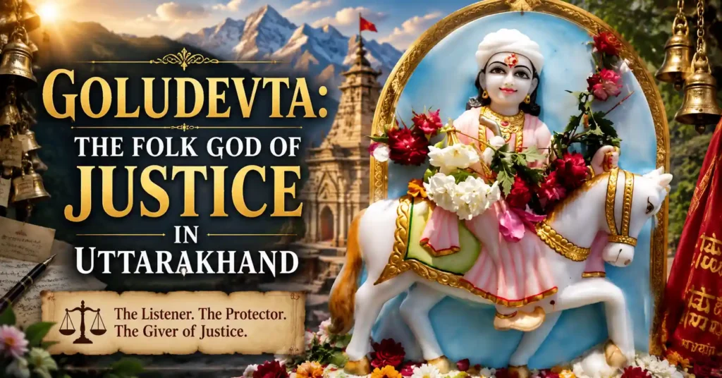 Goludevta, the revered folk god of justice in Uttarakhand, riding a white horse with the Himalayan landscape in the background.