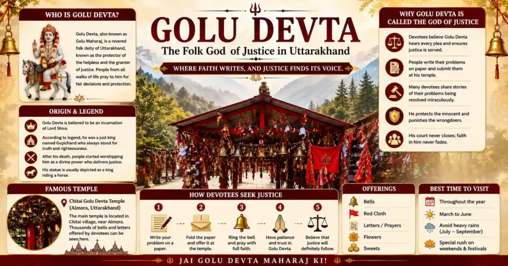Infographic explaining Goludevta, his history, Chitai Temple, worship traditions, and why he is known as the folk god of justice in Uttarakhand.