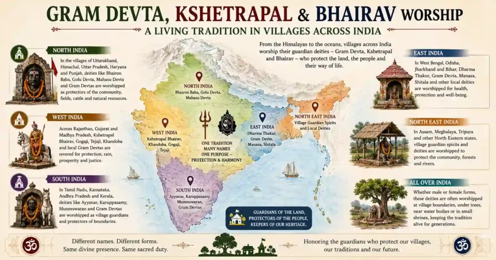 Map showing Gram Devta, Kshetrapal and Bhairav worship traditions across different regions of India