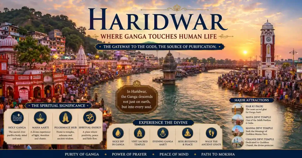 Haridwar on the banks of the holy Ganga, one of the Seven Holy Cities of Saptapuri and a gateway to spiritual purification.