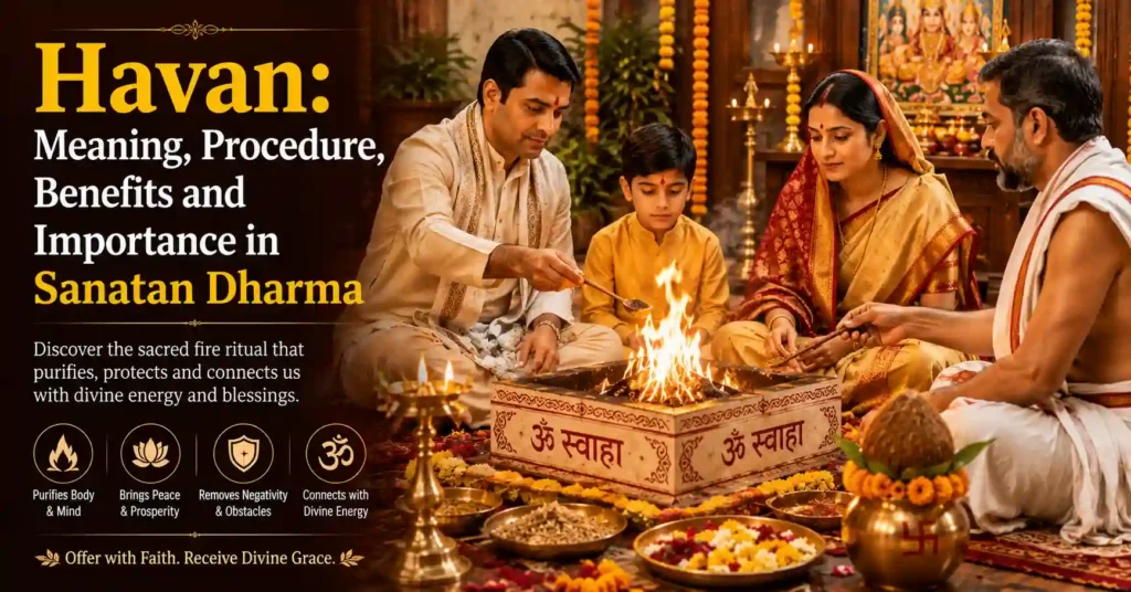 Family performing a traditional Havan with a sacred fire during a Vedic ritual in Sanatan Dharma.