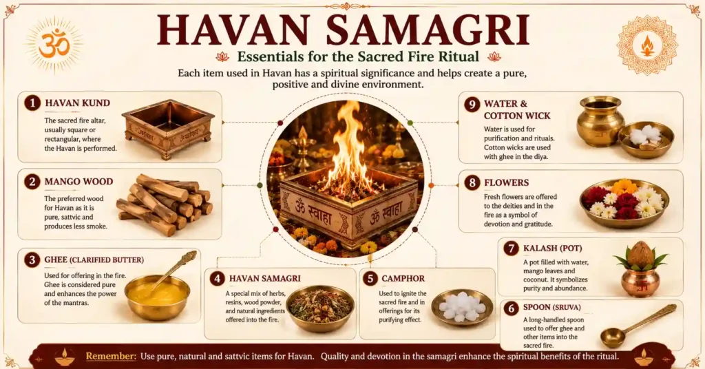 Essential Havan Samagri including Havan Kund, ghee, mango wood, herbs, camphor, flowers, and Kalash used in the sacred fire ritual.