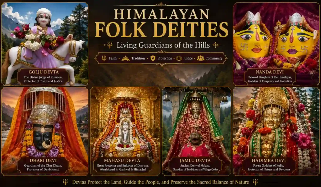 Collage of Himalayan Folk Deities including Golju Devta, Mahasu Devta, Nanda Devi, Dhari Devi, Hadimba Devi, and Jamlu Devta.
