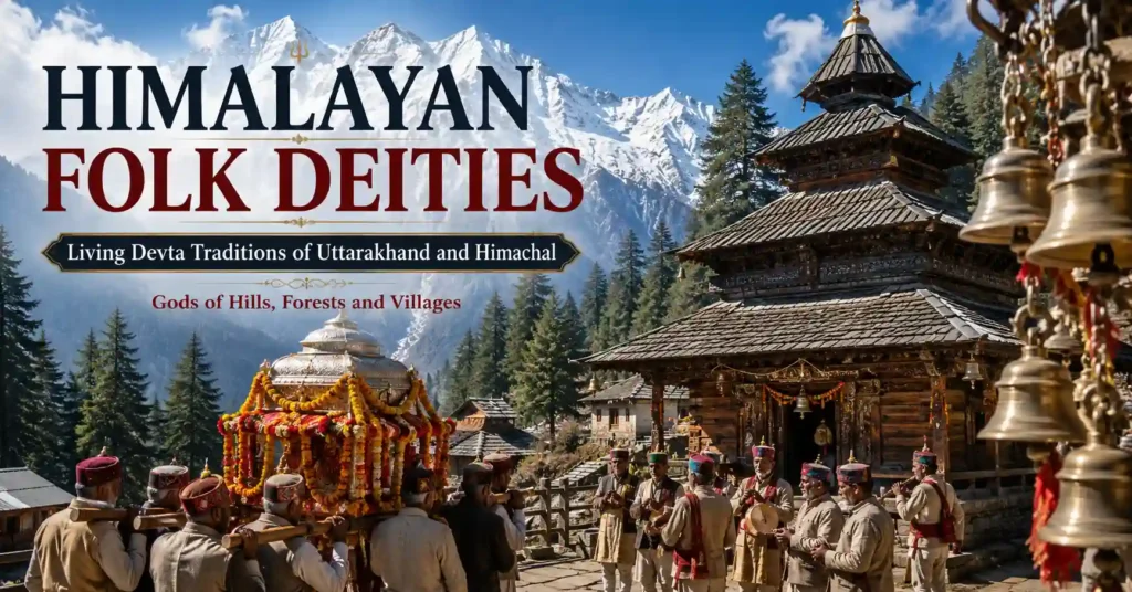 Himalayan Folk Deities with a traditional wooden temple, decorated Devta palanquin, snow-clad Himalayas, cedar forest, and villagers in Uttarakhand and Himachal.