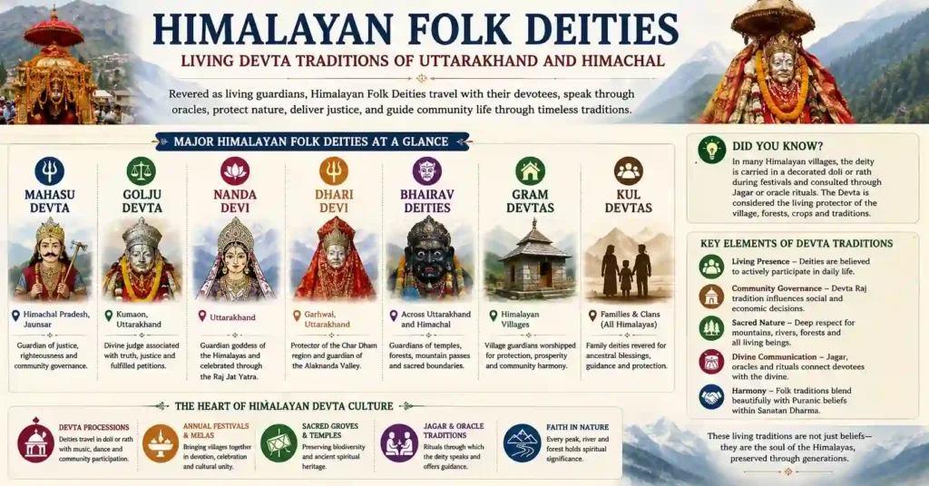 Infographic showing Himalayan Folk Deities, including Mahasu Devta, Golju Devta, Nanda Devi, Dhari Devi, Bhairav, Gram Devtas, and Kul Devtas, along with the Devta traditions, Jagar rituals, sacred nature, and village worship practices of Uttarakhand and Himachal Pradesh.