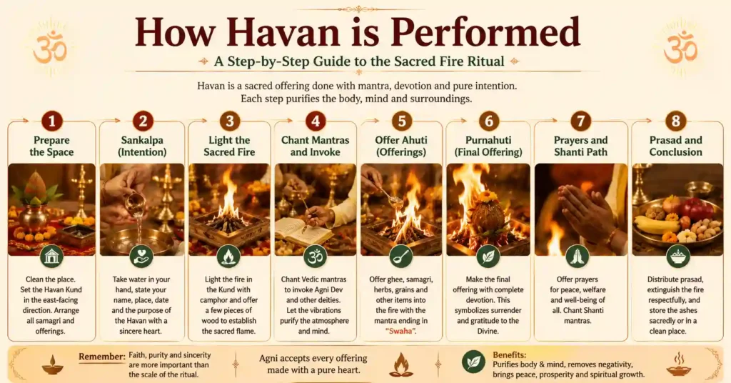 Step-by-step guide showing how to perform Havan, from Sankalpa and Agni invocation to Purnahuti and Prasad.
