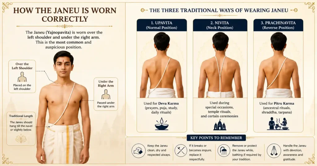 Educational infographic showing the traditional ways of wearing the Yajnopavita, including Upavita, Nivita, and Prachinavita.