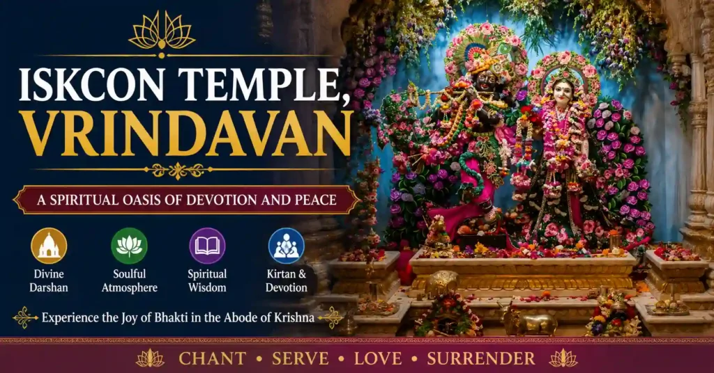 ISKCON Krishna Balaram Temple in Vrindavan, a renowned centre for Krishna bhakti, kirtan, and spiritual learning.