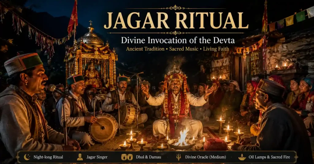 Night-time Jagar ritual in Uttarakhand showing a Jagar singer, Dhol and Damau musicians, oil lamps, and a Devta oracle in a sacred gathering.