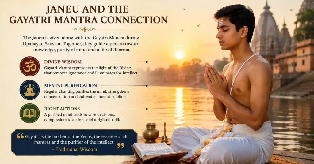A devotee wearing the Yajnopavita while chanting the Gayatri Mantra during Sandhyavandanam, illustrating their spiritual connection.