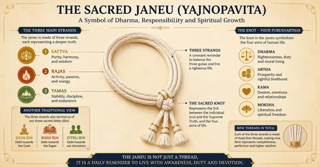 Infographic explaining the symbolism of the Yajnopavita, including the three strands, Brahma Granthi, Three Debts (Rin), and the four Purusharthas.
