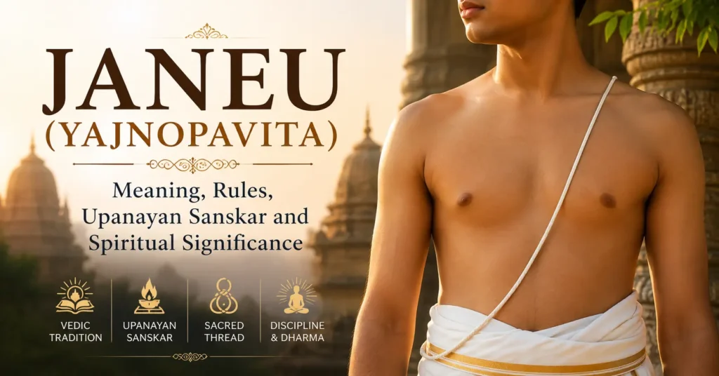 A Hindu devotee wearing the sacred Janeu (Yajnopavita) correctly across the left shoulder, symbolizing discipline, purity, and spiritual responsibility in Sanatan Dharma.