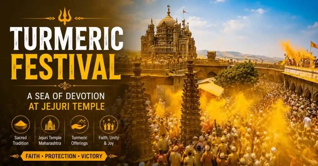 Devotees celebrating the Bhandara festival at Jejuri Temple
