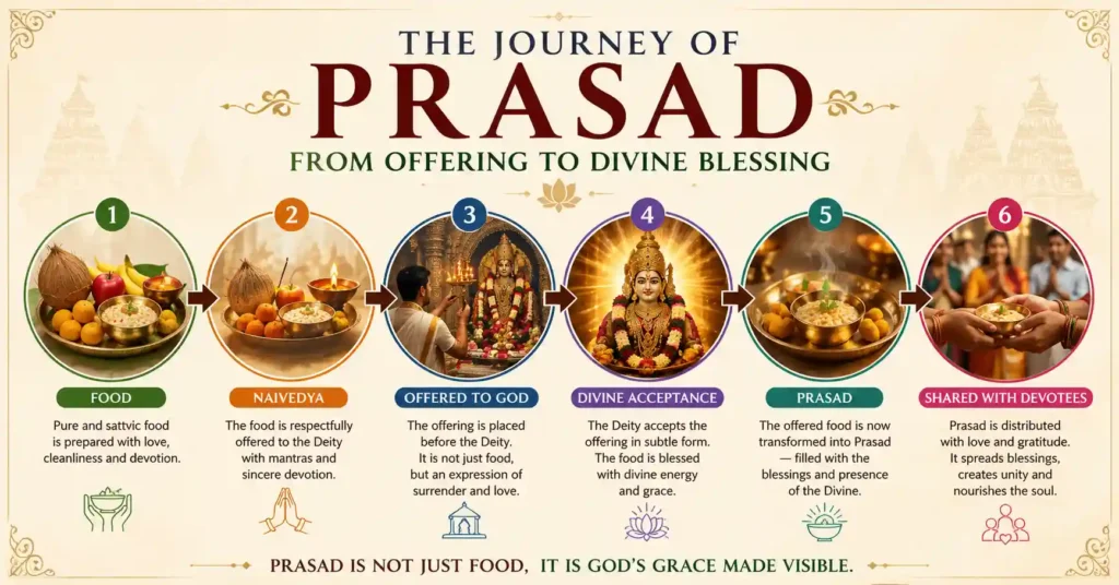 Infographic showing the journey of Prasad in Hindu worship from food preparation and Naivedya to divine acceptance and distribution as Prasad.