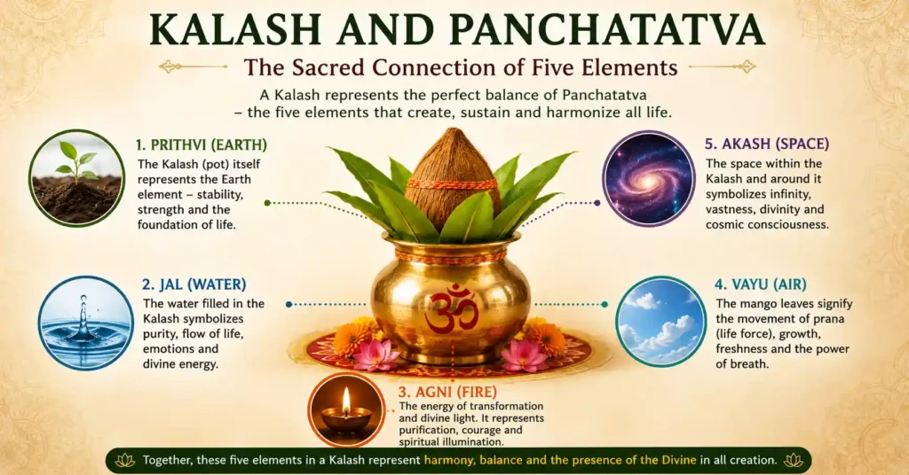 Infographic illustrating the connection between the Kalash and the Panchatatva (Earth, Water, Fire, Air, and Space) in Sanatan Dharma.