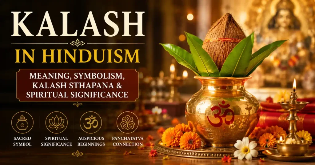 Traditional Kalash with coconut and mango leaves symbolizing purity, prosperity, divine energy, and spiritual significance in Hinduism.