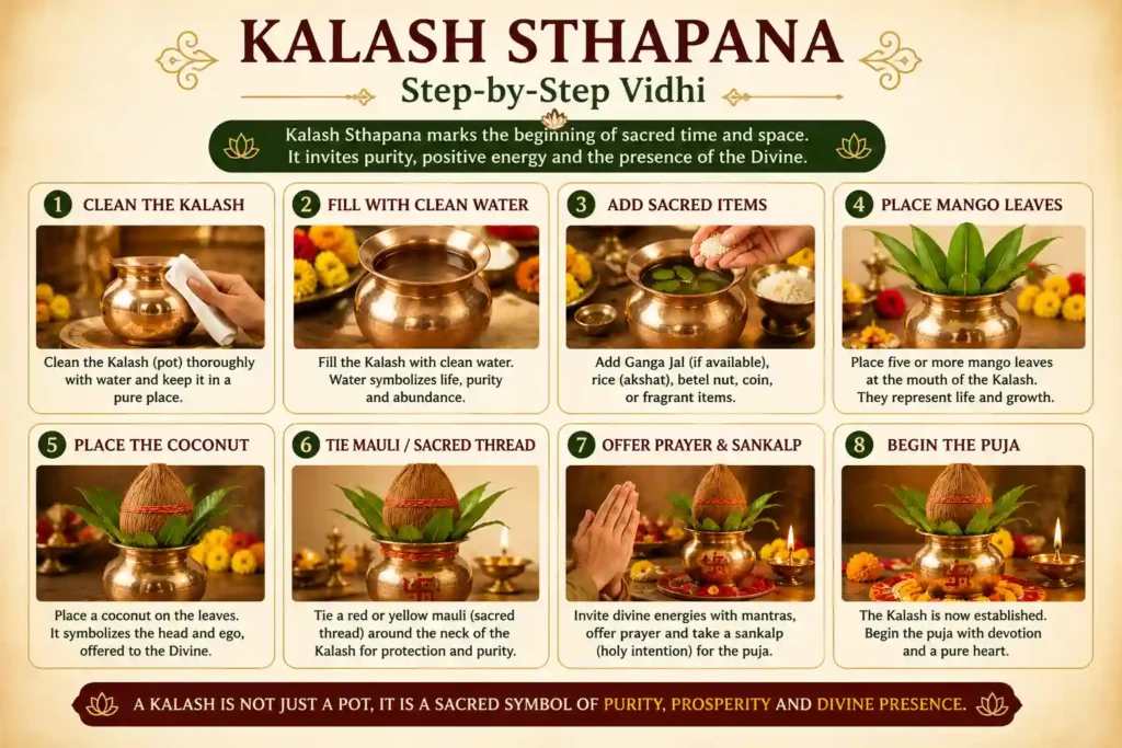 Step-by-step infographic showing the traditional Kalash Sthapana Vidhi including filling the Kalash, placing mango leaves, coconut, and offering prayers.