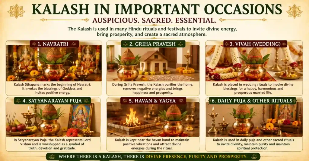 Infographic showing the use of Kalash during Navratri, Griha Pravesh, Vivah, Satyanarayan Puja, Havan, and daily Hindu worship rituals.