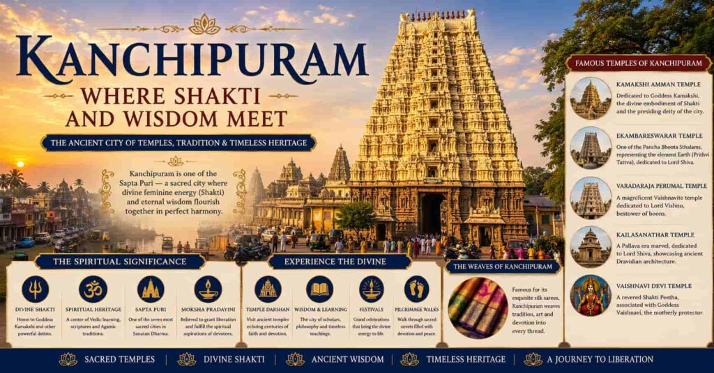 Kanchipuram, one of the Seven Holy Cities in Sanatan Dharma, renowned for its ancient temples, Shakti worship, and spiritual wisdom.