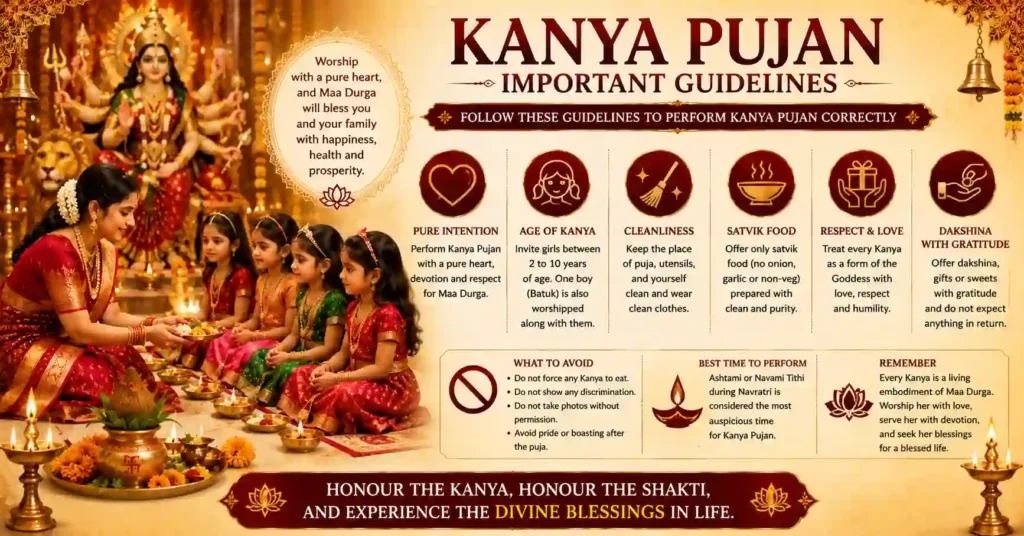 Infographic highlighting the important guidelines, best practices and devotional principles for performing Kanya Pujan during Navratri.