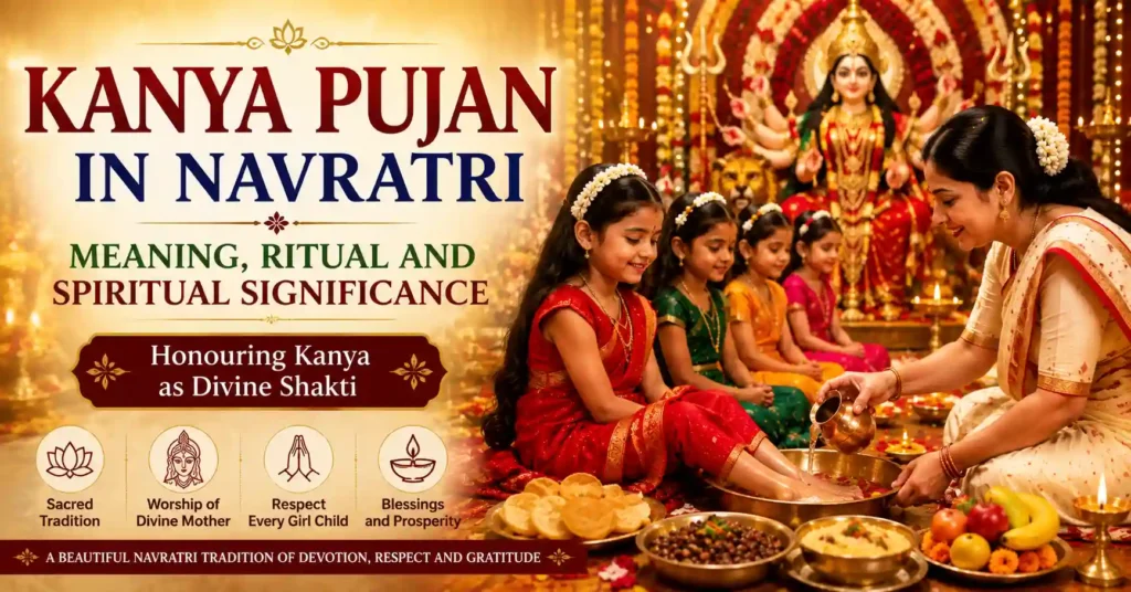 Kanya Pujan in Navratri with young girls worshipped as Divine Shakti before Maa Durga during the sacred ritual.