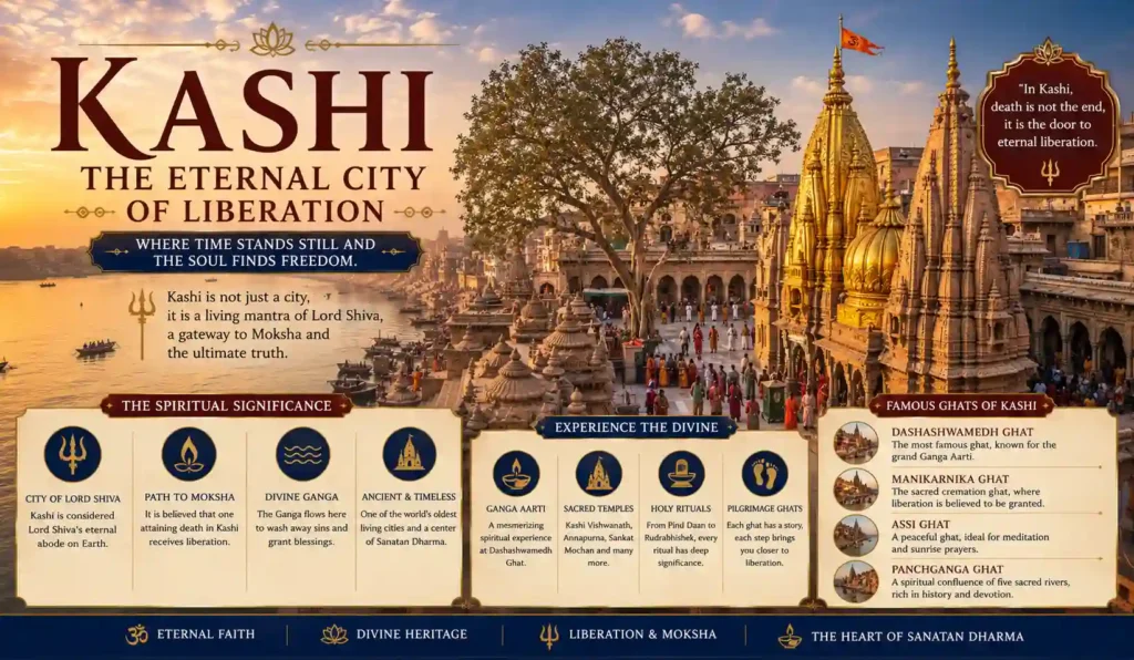 Kashi (Varanasi), the eternal city of Lord Shiva and one of the Seven Holy Cities, revered as the gateway to moksha.