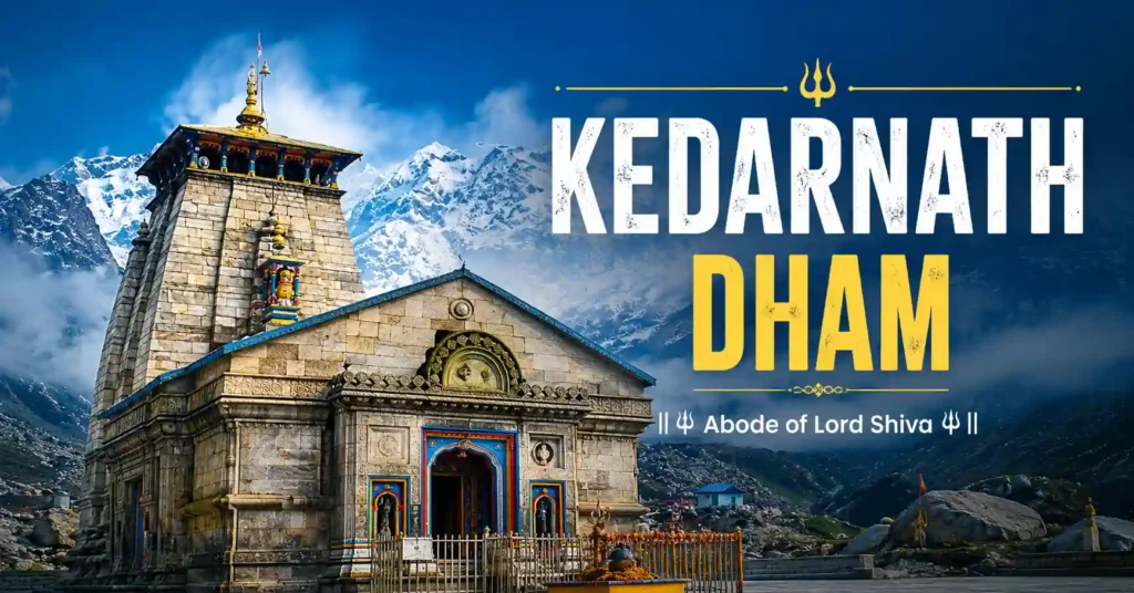 Panoramic view of Kedarnath Dham surrounded by the snow-covered Himalayan mountains in Uttarakhand.