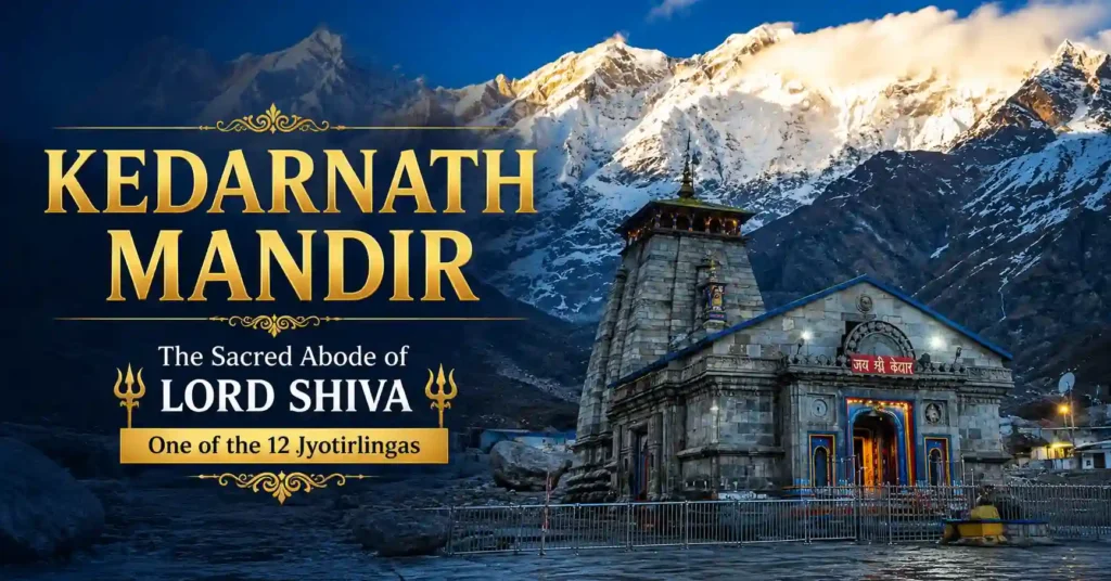 Front view of Kedarnath Mandir decorated for darshan with devotees gathered outside the sacred temple.