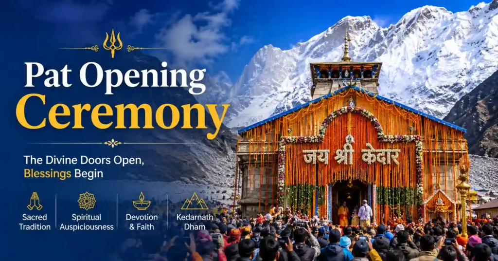 Kedarnath Temple beautifully decorated with flowers during the sacred Pat Opening Ceremony marking the beginning of the annual pilgrimage season.