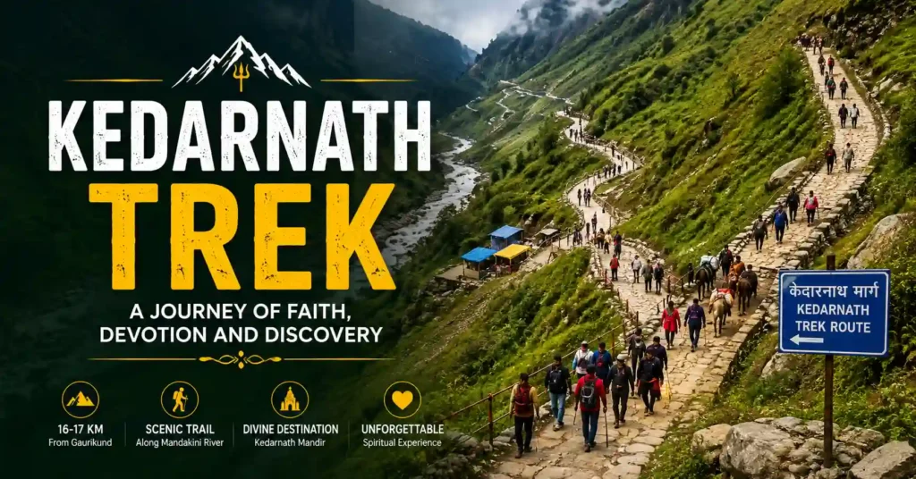 Pilgrims trekking on the scenic Gaurikund to Kedarnath route through the Himalayan mountains.
