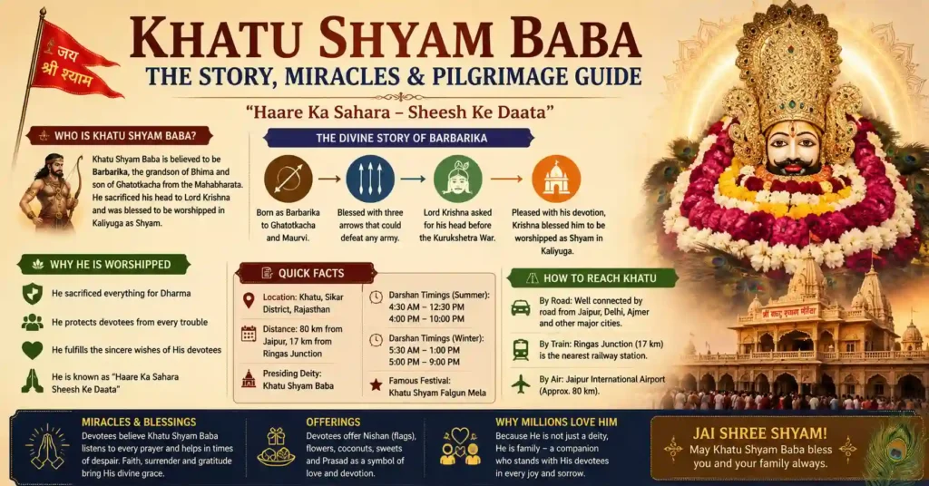 Infographic showing the story of Khatu Shyam Baba, Barbarika's sacrifice, temple darshan, Falgun Mela, travel guide, and key pilgrimage information.