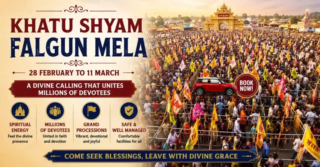 Thousands of devotees participating in the Khatu Shyam Falgun Mela, one of the largest annual devotional gatherings in Rajasthan.