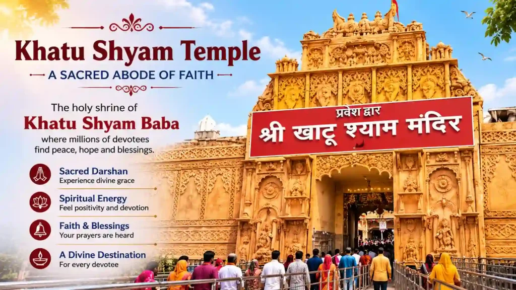 Grand entrance of Khatu Shyam Temple in Rajasthan, one of the most visited pilgrimage sites dedicated to Baba Shyam.