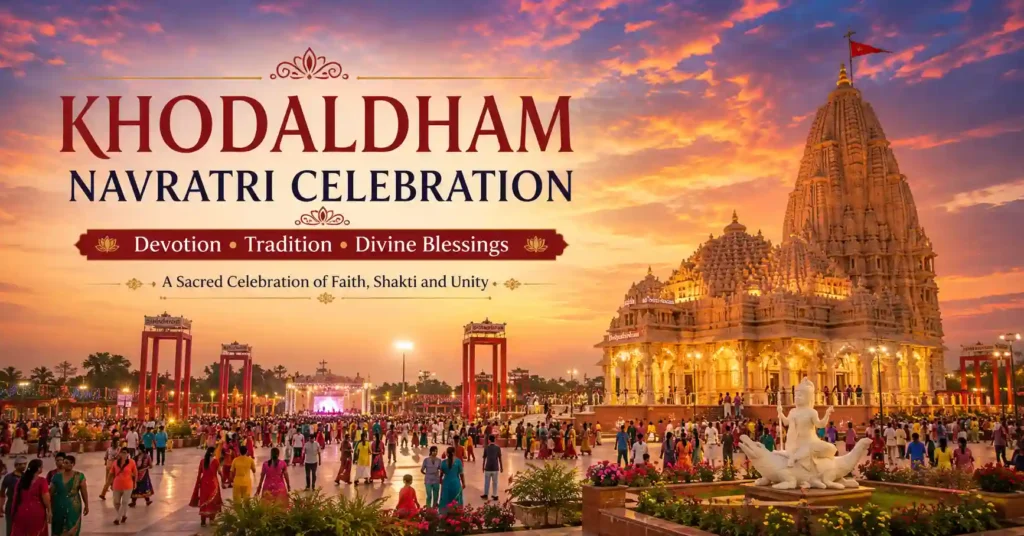 Devotees celebrating Navratri at Khodaldham Temple, a major festival dedicated to Khodiyar Maa.