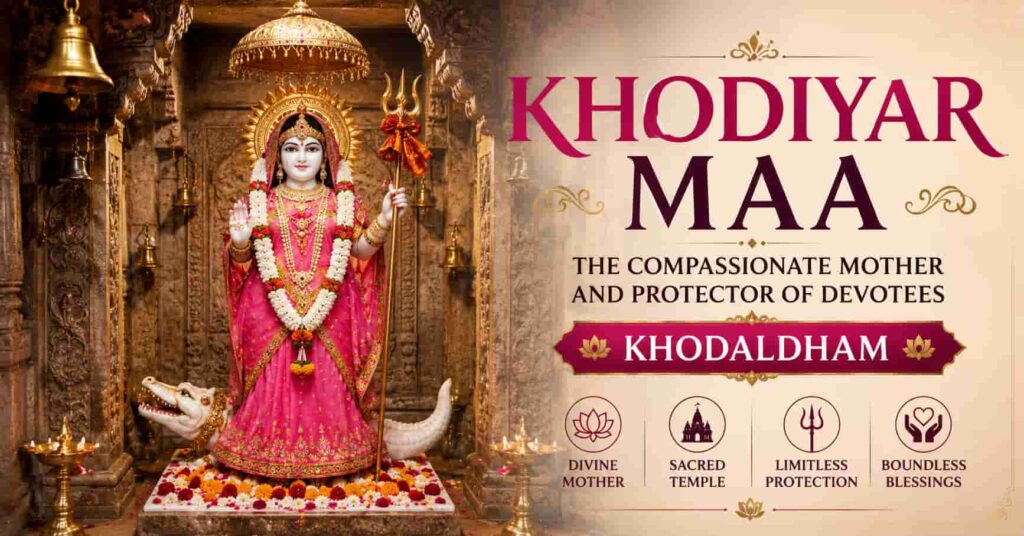 Khodiyar Maa idol inside the sacred garbhagriha of Khodaldham Temple in Gujarat.