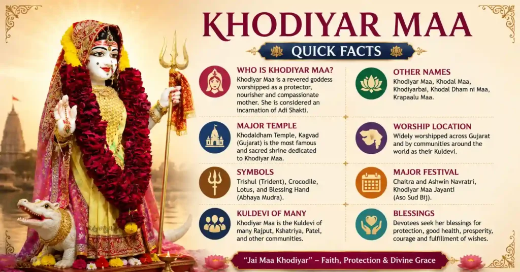 Infographic highlighting quick facts about Khodiyar Maa, including her symbols, temples, festivals, Kuldevi significance, and worship in Gujarat.