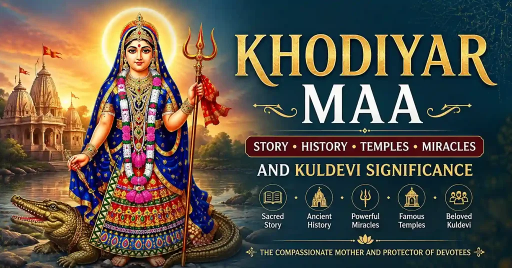 Khodiyar Maa with her sacred crocodile vahana, illustrating her story, history, temples, miracles, and Kuldevi significance in Gujarat.