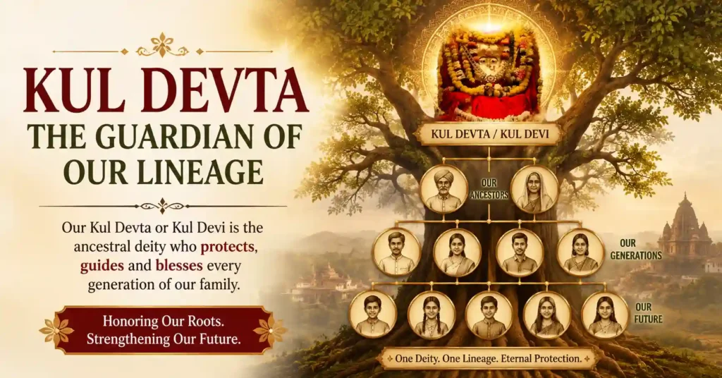 Illustration showing Kul Devta as the guardian deity of a family lineage across generations