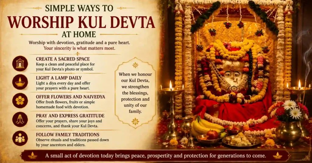 Simple home worship of Kul Devta with diya, flowers and daily family prayers