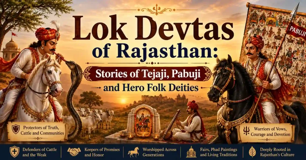 Illustration of Lok Devtas of Rajasthan featuring Tejaji and Pabuji with the Thar Desert and traditional Rajasthani heritage