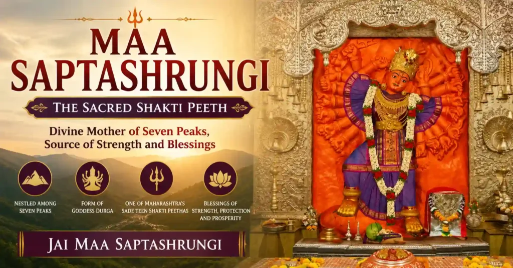 The divine 18-armed idol of Maa Saptashrungi, revered as Mahishasura Mardini and the Divine Mother.