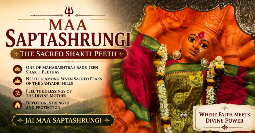 Maa Saptashrungi, the sacred Shakti Peeth of Goddess Durga worshipped as Mahishasura Mardini in Maharashtra.