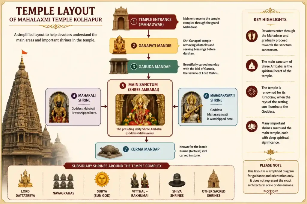 Simplified layout infographic of Mahalaxmi Temple Kolhapur showing the main sanctum, Garuda Mandap, Kurma Mandap, and important shrines