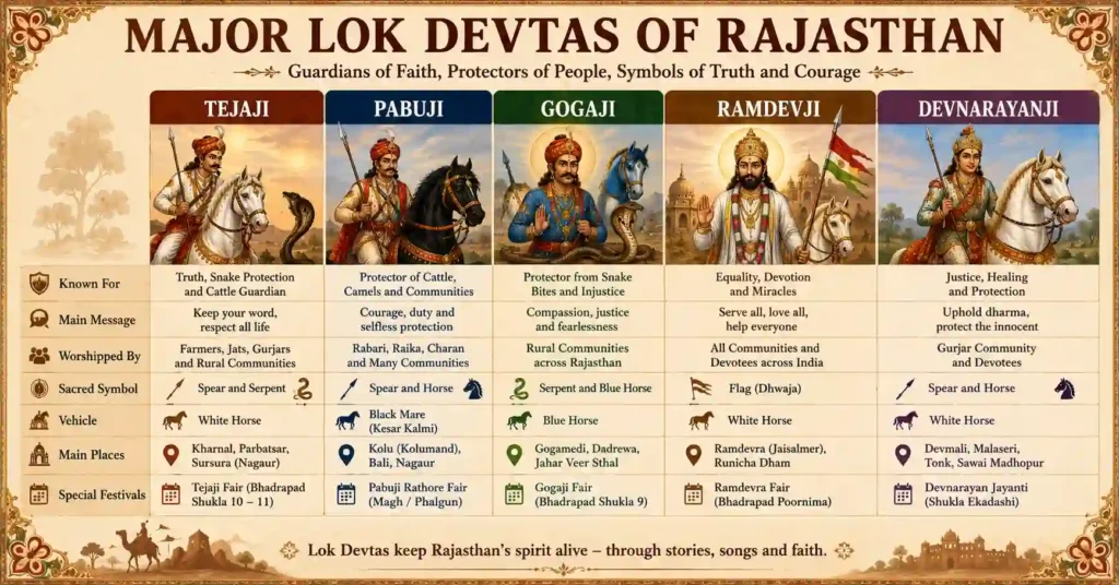 Infographic comparing the major Lok Devtas of Rajasthan including Tejaji, Pabuji, Gogaji, Ramdevji, and Devnarayanji