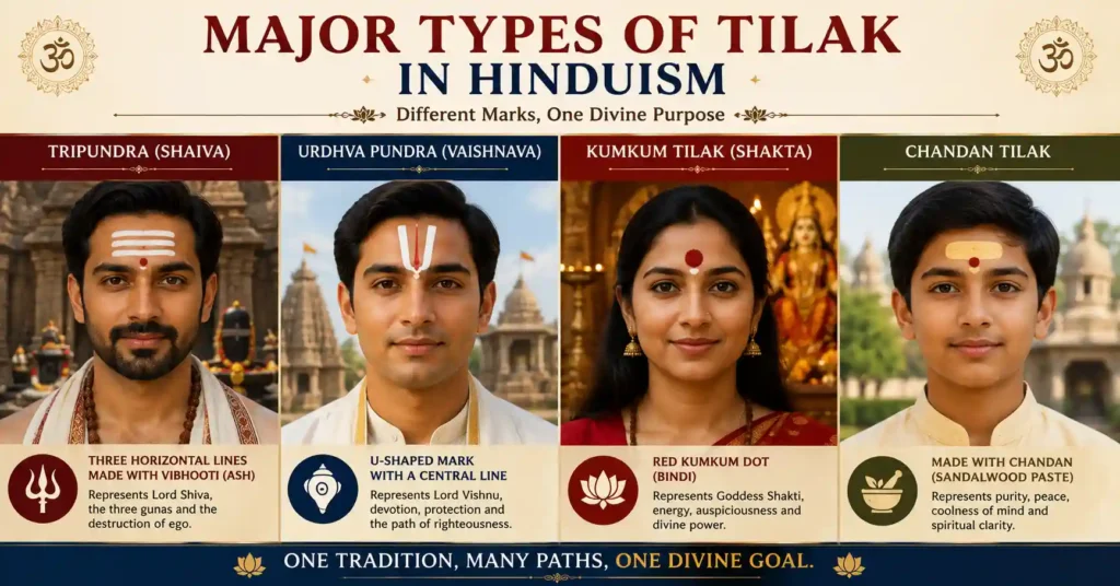 Comparison of major types of Tilak in Hinduism including Tripundra, Urdhva Pundra, Kumkum Tilak and Chandan Tilak