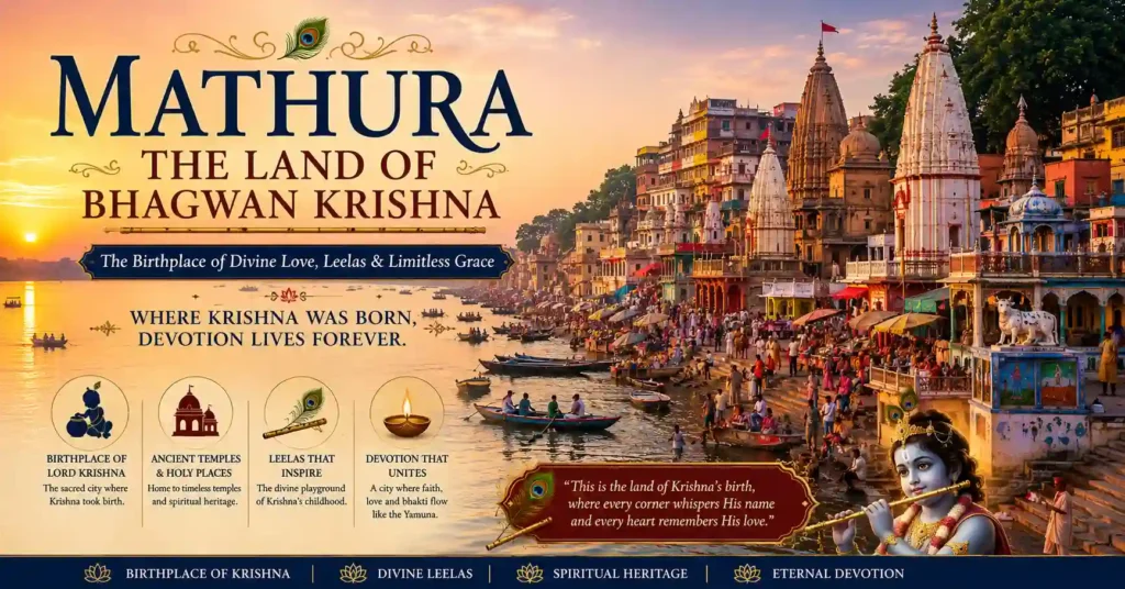 Mathura, the birthplace of Bhagwan Krishna and one of the Seven Holy Cities in Sanatan Dharma, known for devotion and divine love.