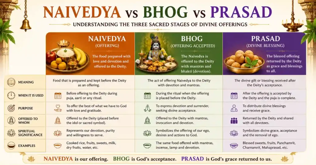 Comparison infographic explaining the difference between Naivedya, Bhog, and Prasad in Hindu rituals, their meaning, purpose, and spiritual significance.